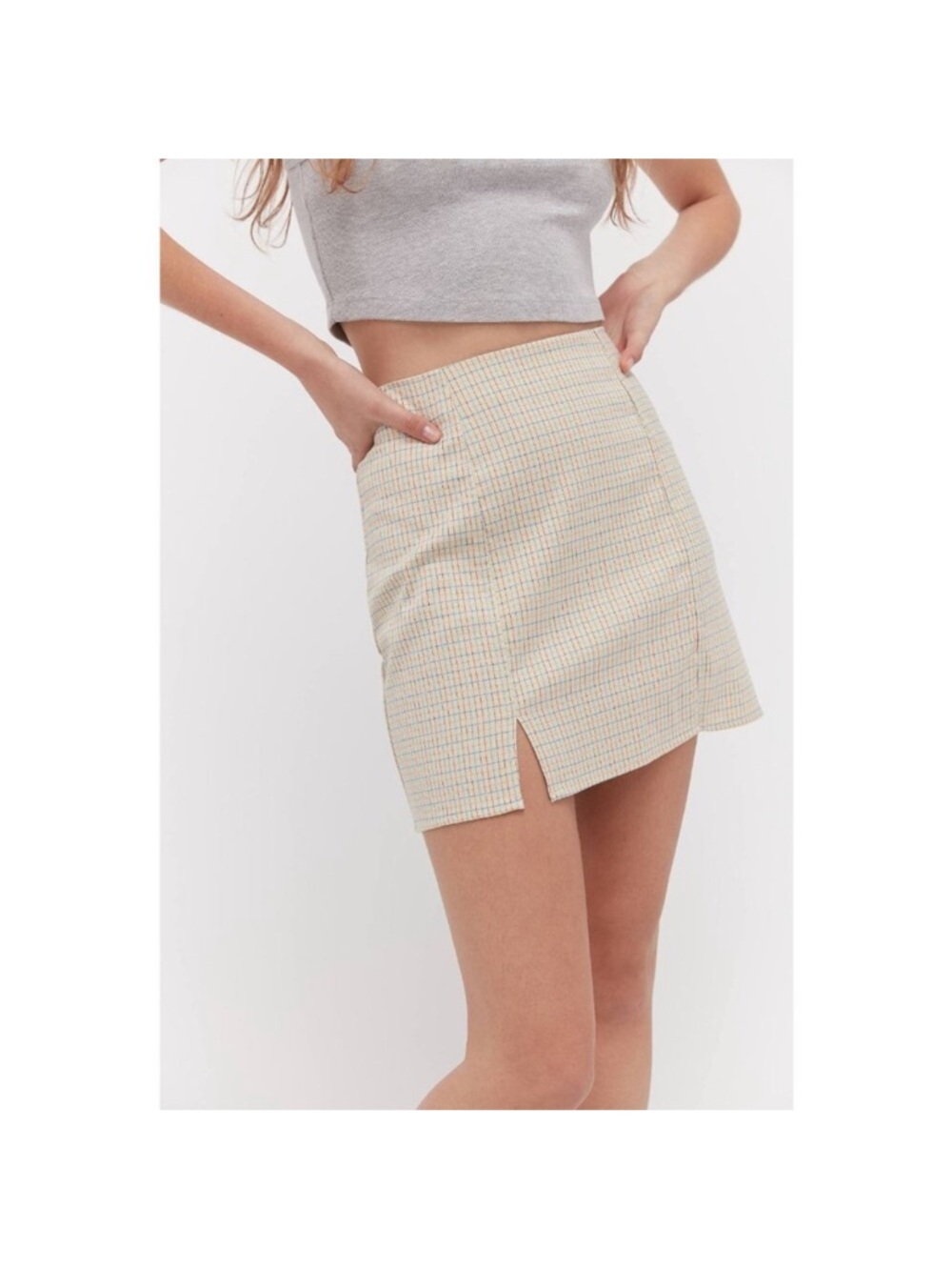 Urban Outfitters Beige Plaid Double Notched Betty Mini Skirt with Blue Grid